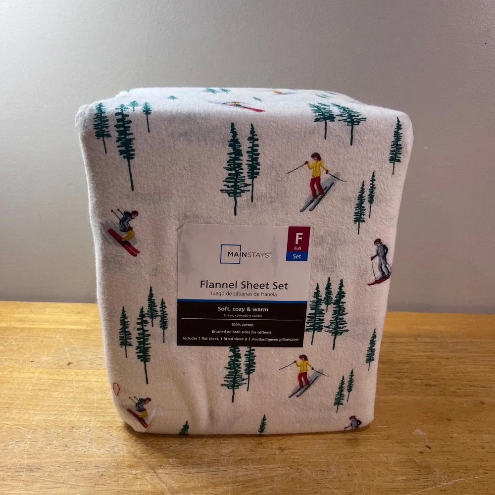 Mainstays Full Flannel Sheet Set Skiers Evergreen Trees White Cotton 4pc New